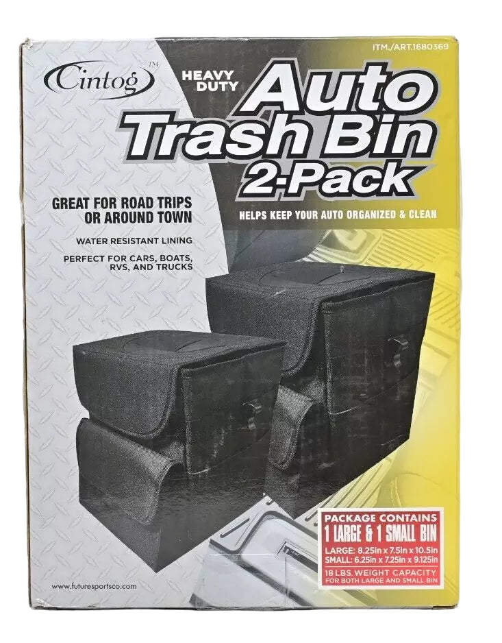 Heavy Duty Auto Trash Bin 2-Pack - 1 Large (8.25x7.5x10.5) & 1 Small (6.25x7.25x9.125)
