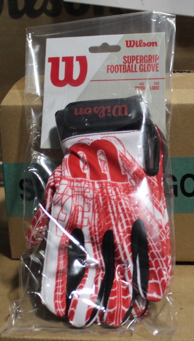 Wilson Red and White Adjustable Wrist Strap Super Grip Football Gloves, Size options: Adult Large and Youth Large