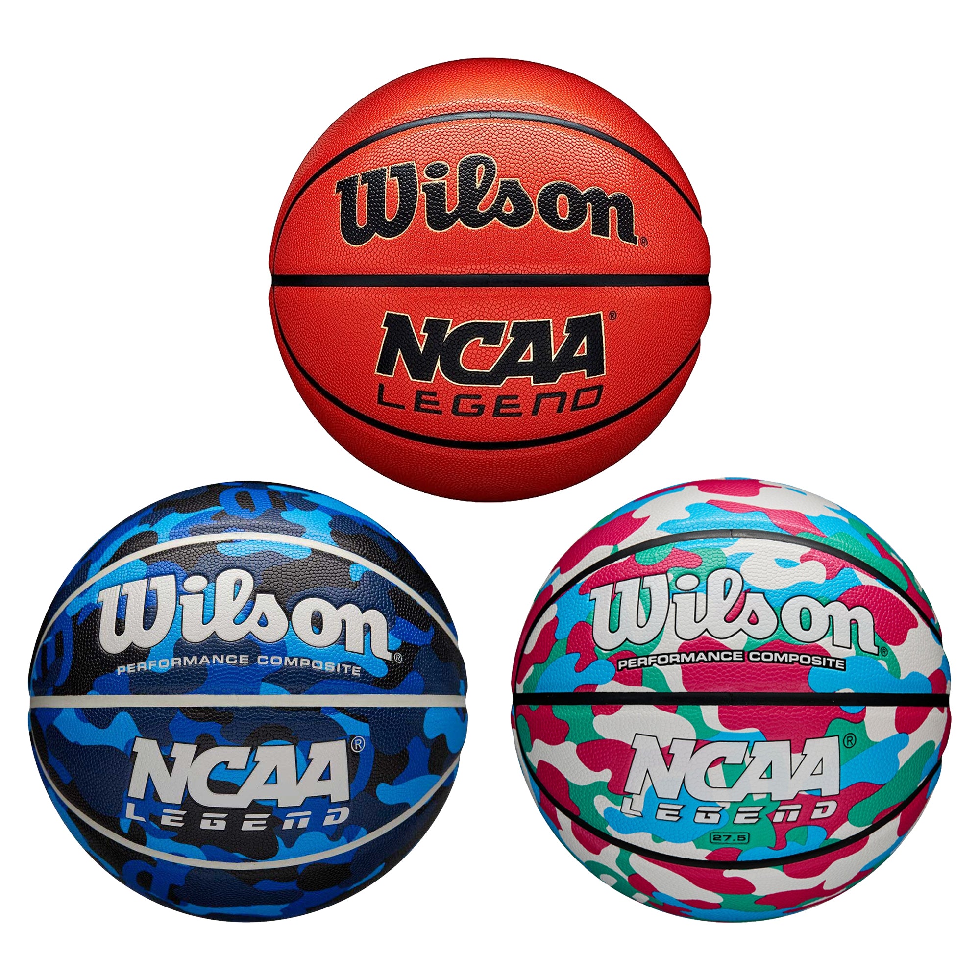 Wilson NCAA Legend Basketball, Options: Orange-Sizes 5 (27.5"),6 (28.5"),and 7 (29.5"), Pink Camo-Sizes 5 (27.5") and 6 (28.5"), and Blue Camo-Sizes 5 (27.5") and 7 (29.5")