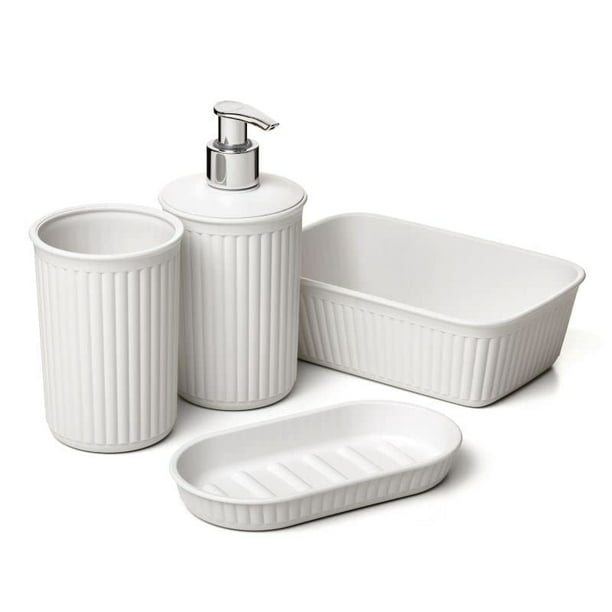 Superio Brand 4 Piece Decorative Ribbed Bathroom Accessory Set, Plactic - Color Options: White Smoke, White, Blue, Taupe, Lilac, Brown and Grey