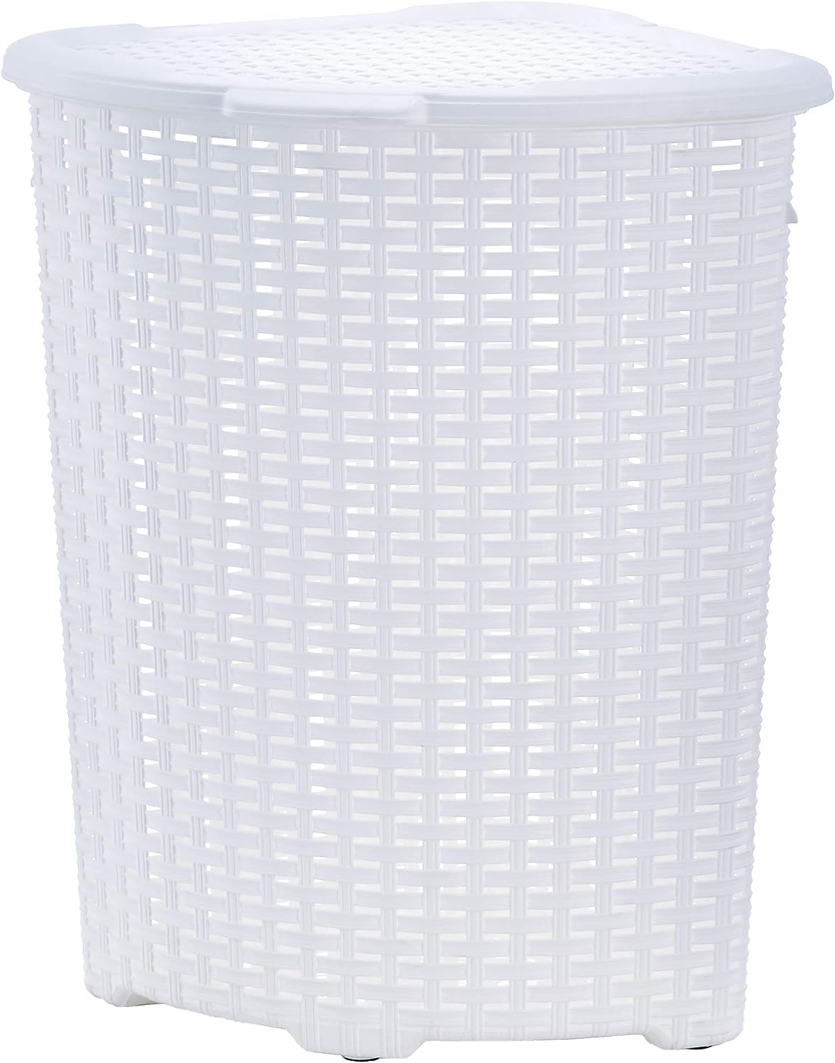 Superio 52L Corner Laundry Hamper with Lid, Curved Plastic Laundry Basket with handles, Wicker Design, Color Options: White and Brown