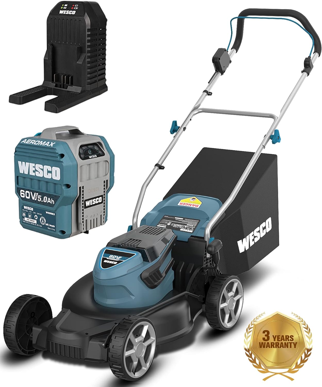 60V Cordless Lawn Mower, 5.0Ah Li-Ion Battery, 22-Inch Cutting Width 3-in-1 Mowing Mulching, 7-Stage Cutting Height Adjustment, Foldable Handle