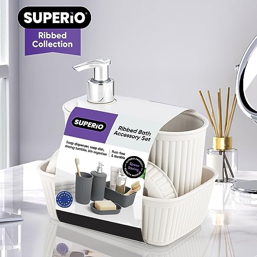 Superio Brand 4 Piece Decorative Ribbed Bathroom Accessory Set, Plactic - Color Options: White Smoke, White, Blue, Taupe, Lilac, Brown and Grey