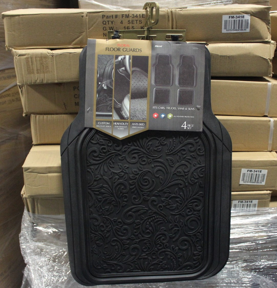 Pilot Universal Fit Black Floral Rubber Floor Mats, Set of 4