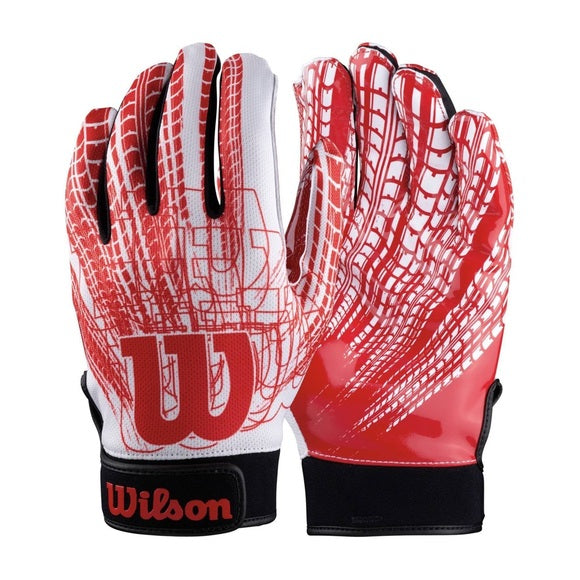 Wilson Red and White Adjustable Wrist Strap Super Grip Football Gloves, Size options: Adult Large and Youth Large