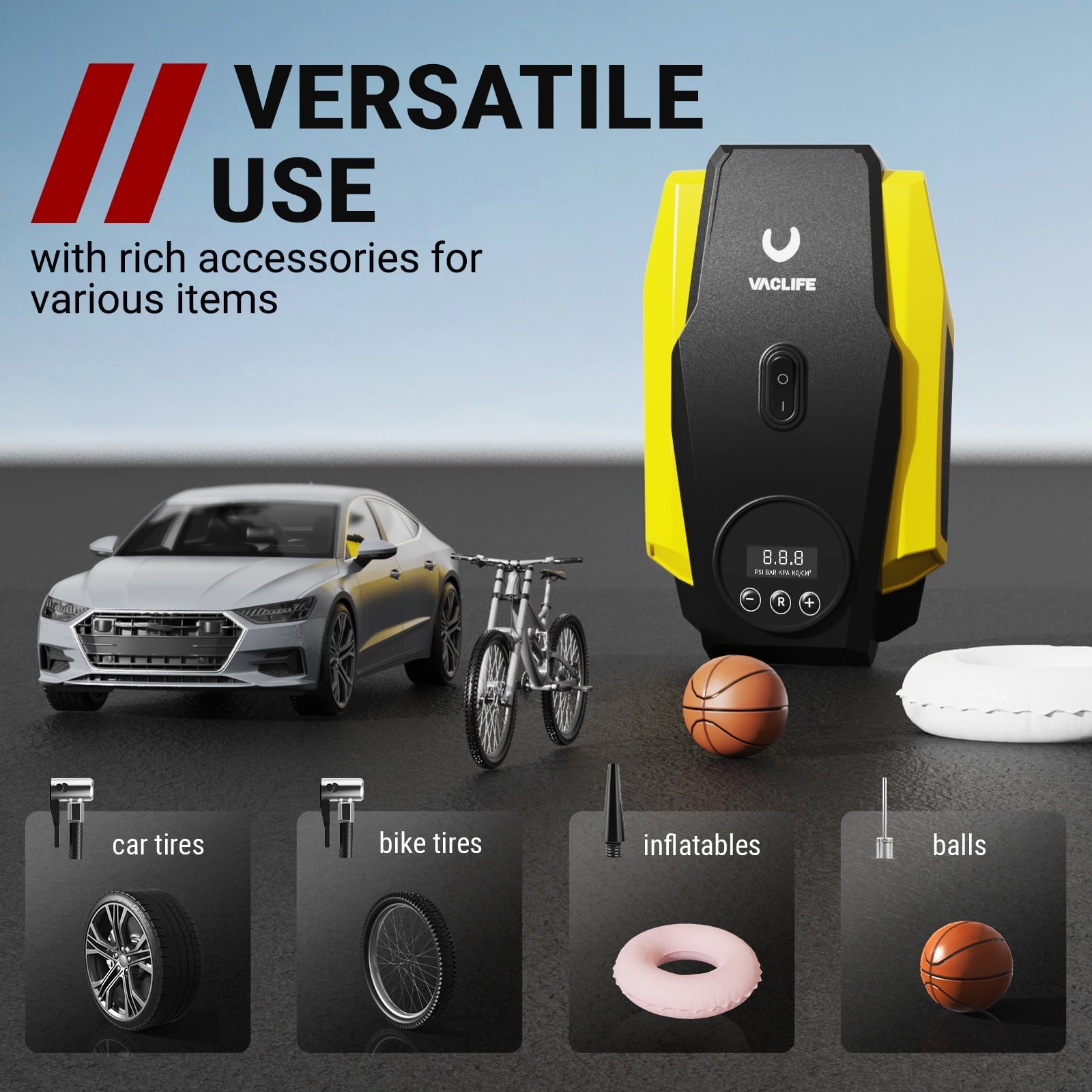 Tire Inflator Portable Air Compressor - Air Pump for Car Tires - 12V DC Compact Tire Pump with Auto Shutoff Function - Multipurpose Car Accessory with LED Light, Blue or Yellow