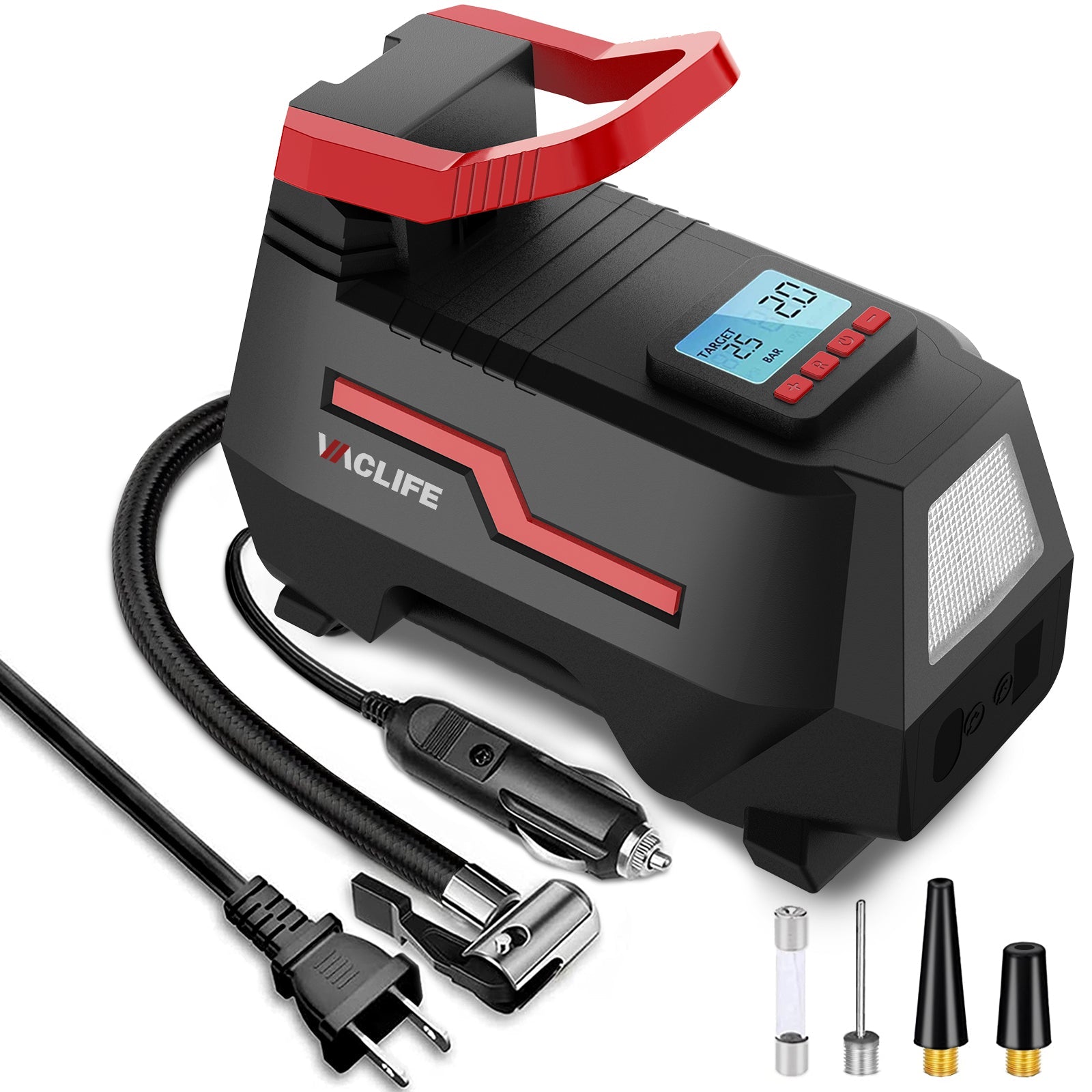 Tire Inflator for Car (12V) and Home (110V), DC/AC Portable Air Compressor for Car Tires, Bicycles, and Other Inflatables, Digital Air Pump with LED Light, Variety of Colors