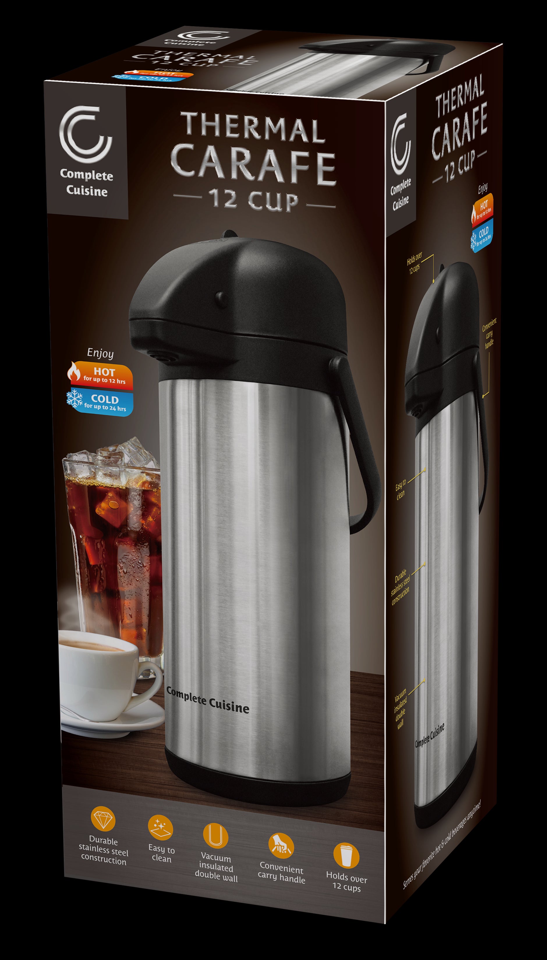Thermal Carafe 3L Stainless Steel, Hot Water Dispenser for Coffee and Tea, 12 Hour Heat 24 Hour Cold Retention