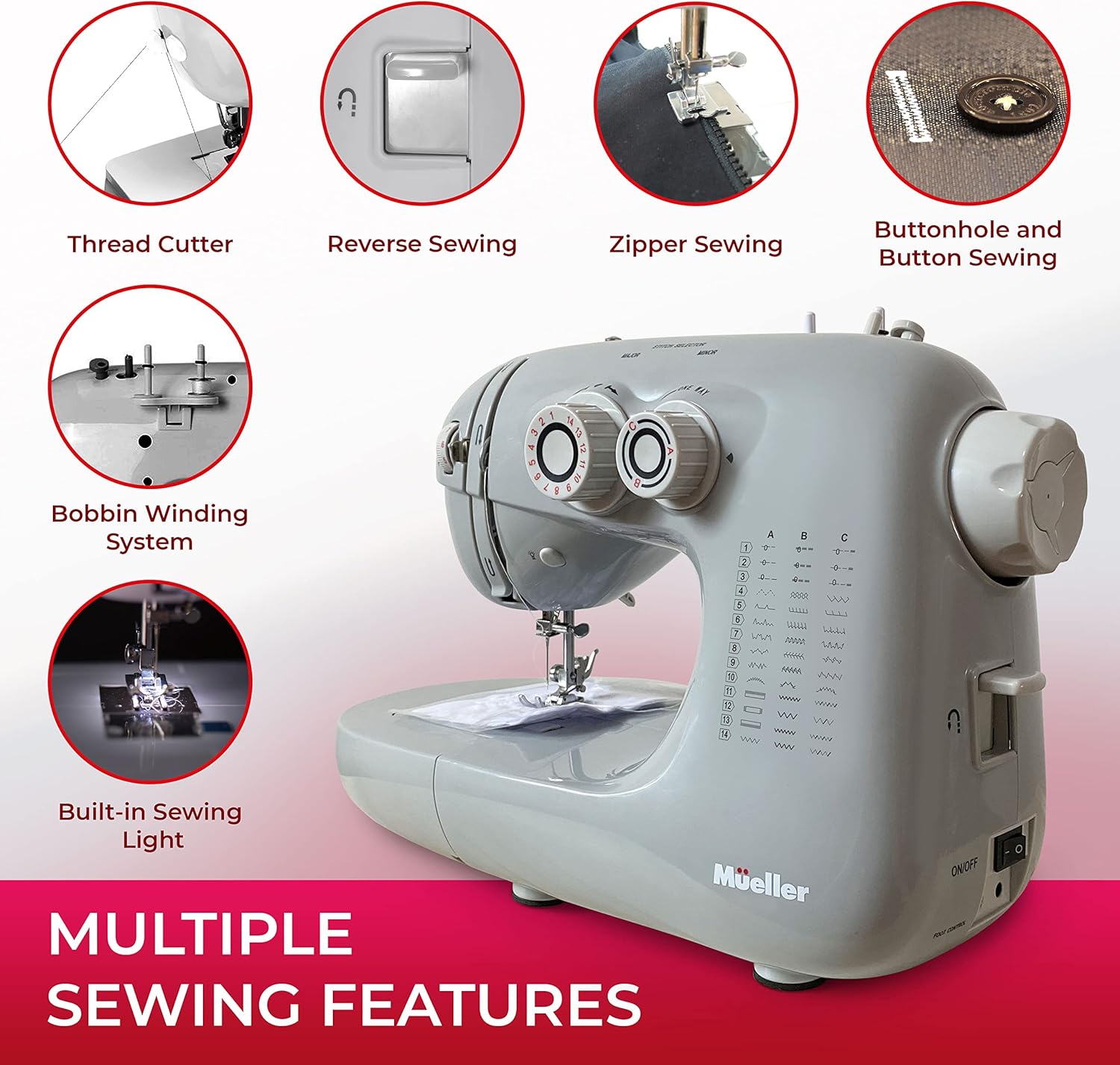 Mueller Ultra Stitch Sewing Machine, 110 Stitch Applications, LED Light, Foot Pedal, Reverse, Buttonhole, Button and Zipper Sewing, Easy to Use, Thread Cutter, Removable Accessories Storage, Grey or White