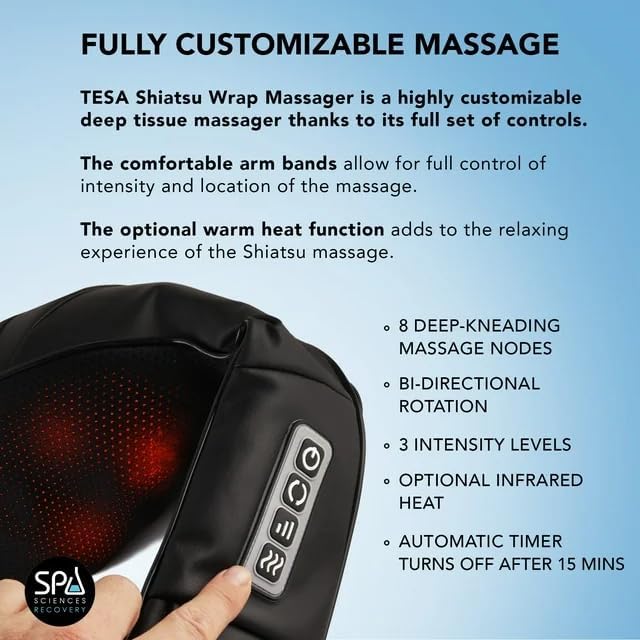 SPA SCIENCES - TESA Shiatsu Wrap Massager - Multifunction Deep Tissue Massager - for Neck, Back, Shoulders - 8 Massage Nodes, Soothing Heat, Auto Shutoff Timer