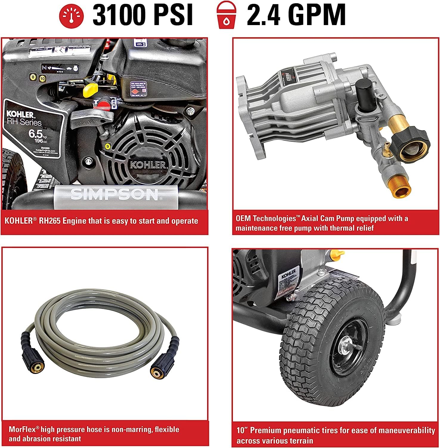 SIMPSON Cleaning MS60763-S MegaShot 3100 PSI Gas Pressure Washer, 2.4 GPM, Kohler RH265 Engine, Includes Spray Gun and Extension Wand, 5 QC Nozzle Tips, 1/4-in. x 25-ft. MorFlex Hose Pressure Washer 3100 PSI Honda RH265 (Refurbished)