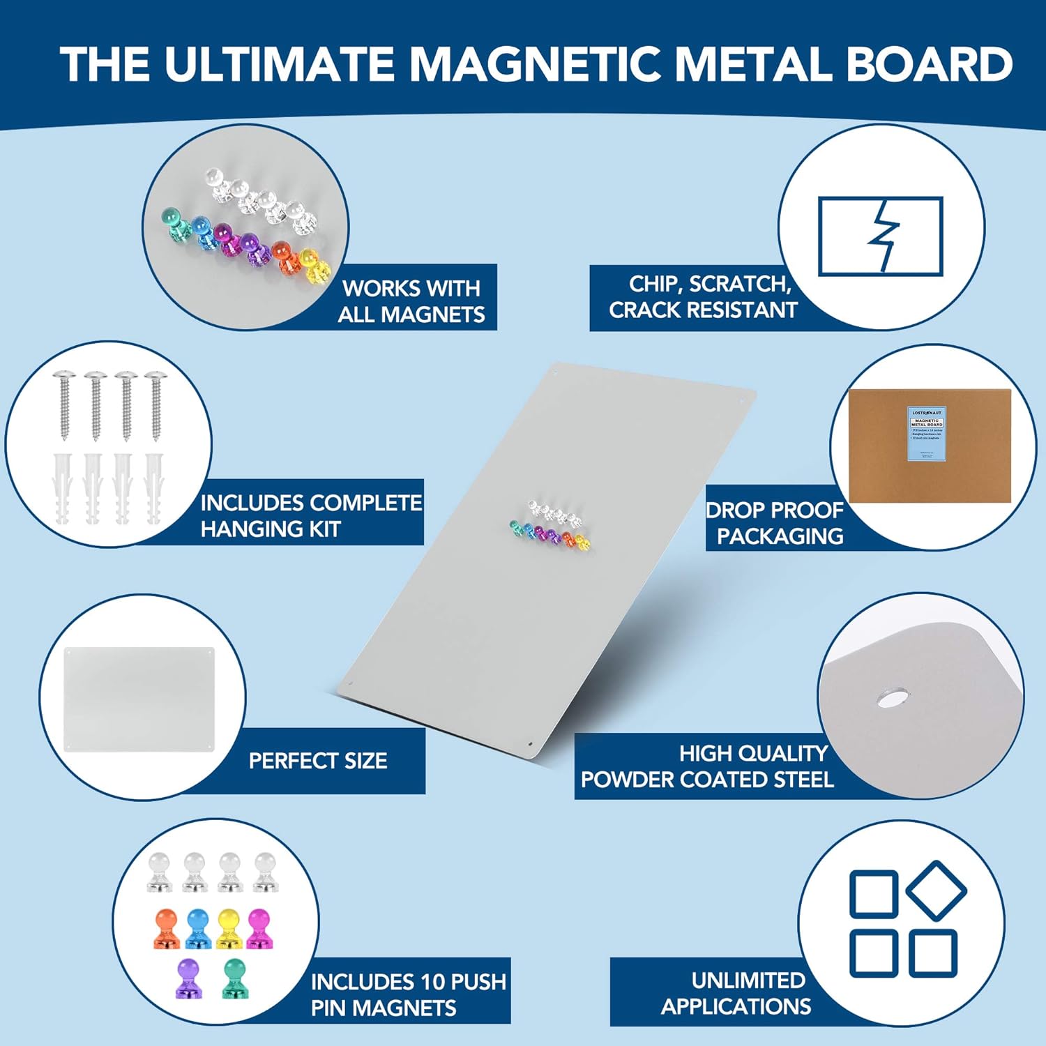 Magnetic Metal Board 17.5 x 12 - Magnet Bulletin Vision Memo Board Includes 10 Push Pin Magnets and Hanging Hardware Kit for Easy Installation