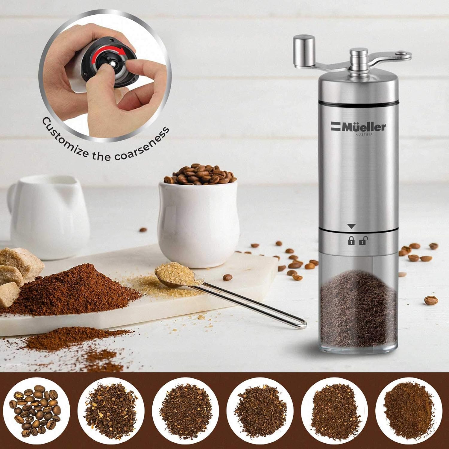 Mueller Manual Coffee Grinder Adjustable Ceramic Conical Burr Mill, Whole Bean Heavy Duty Burr Coffee Grinder for French Press/Turkish Brew, Brushed Stainless Steel Coffee Bean Grinder