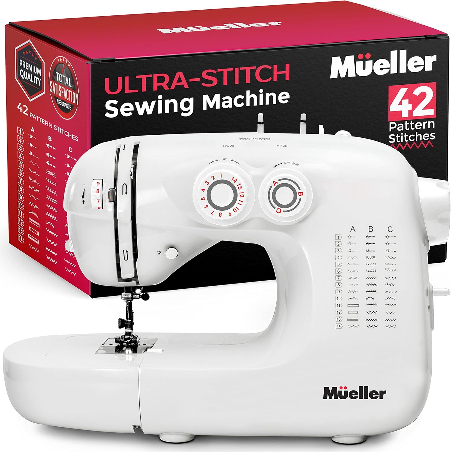 Mueller Ultra Stitch Sewing Machine, 110 Stitch Applications, LED Light, Foot Pedal, Reverse, Buttonhole, Button and Zipper Sewing, Easy to Use, Thread Cutter, Removable Accessories Storage, Grey or White