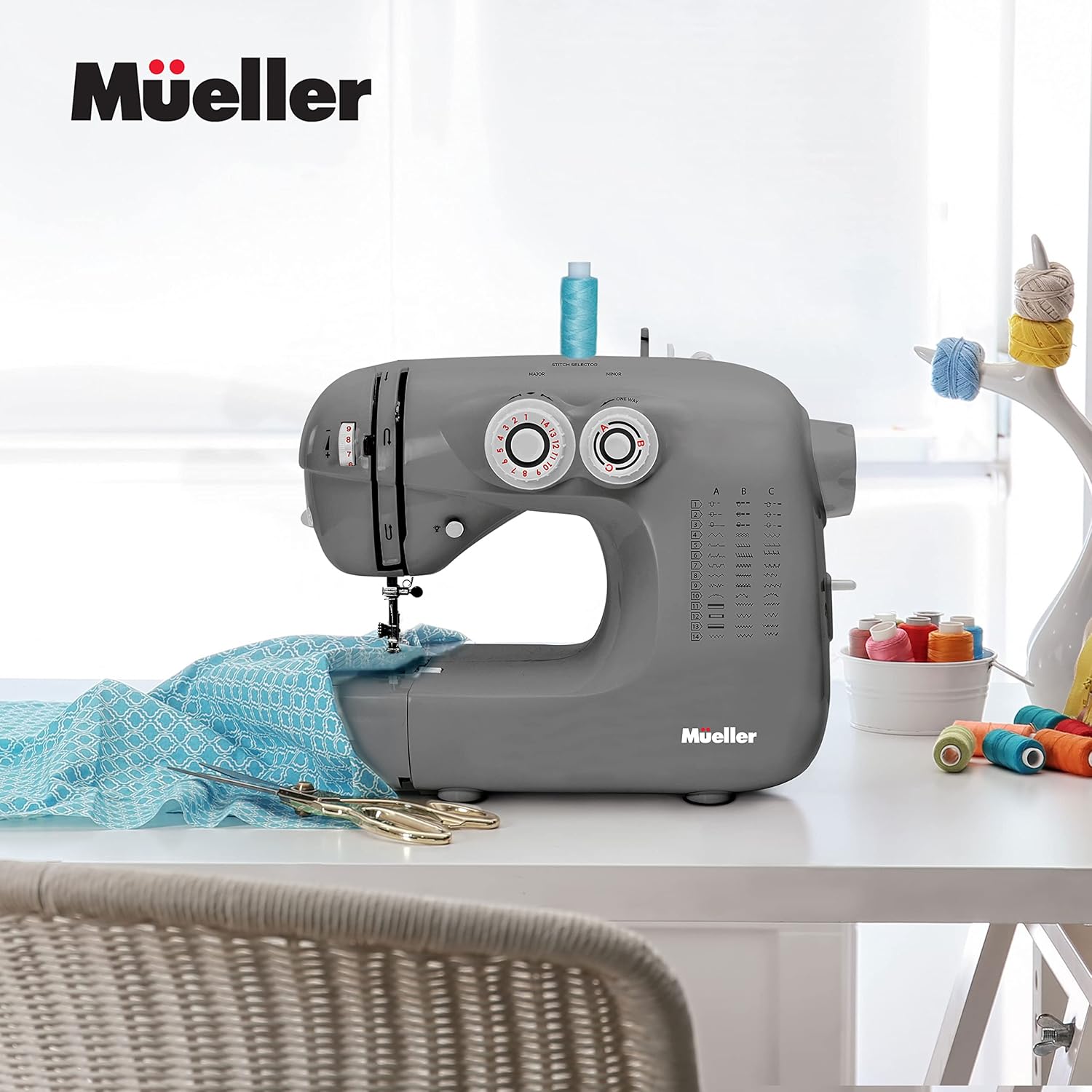 Mueller Ultra Stitch Sewing Machine, 110 Stitch Applications, LED Light, Foot Pedal, Reverse, Buttonhole, Button and Zipper Sewing, Easy to Use, Thread Cutter, Removable Accessories Storage, Grey or White
