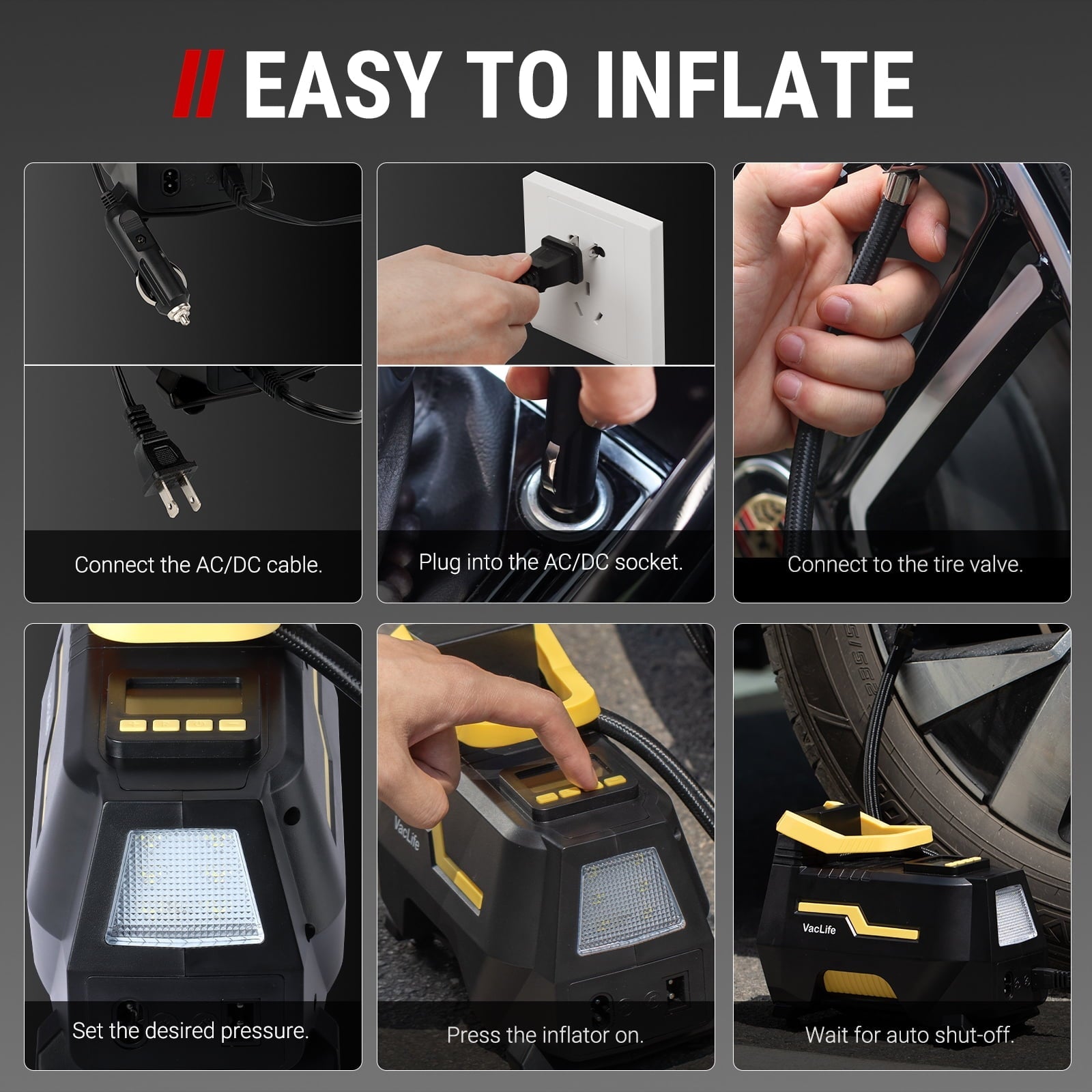Tire Inflator for Car (12V) and Home (110V), DC/AC Portable Air Compressor for Car Tires, Bicycles, and Other Inflatables, Digital Air Pump with LED Light, Variety of Colors