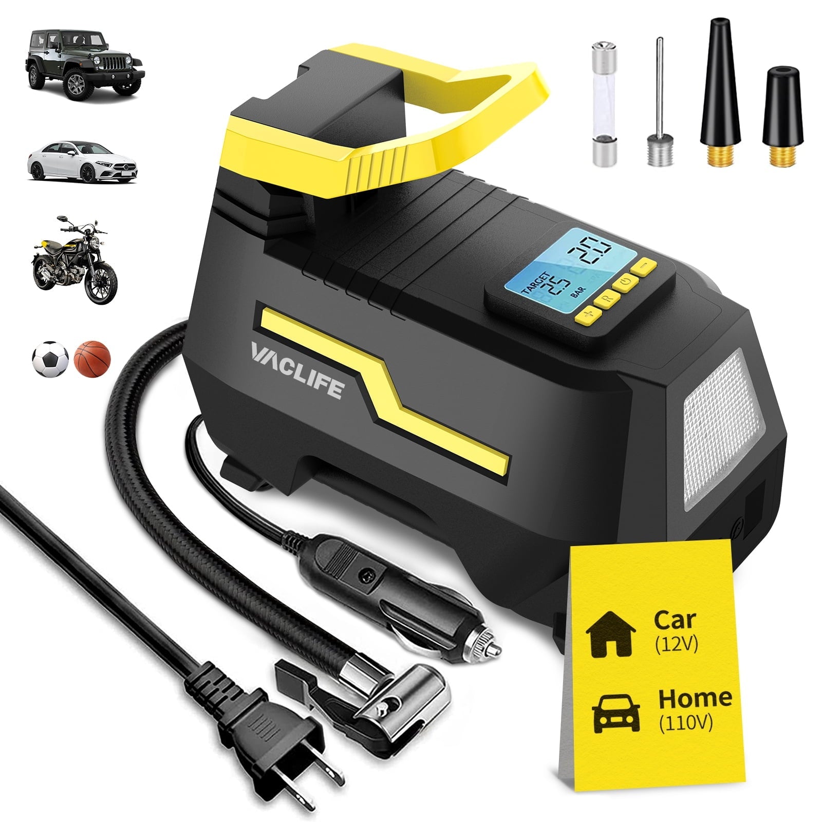 Tire Inflator for Car (12V) and Home (110V), DC/AC Portable Air Compressor for Car Tires, Bicycles, and Other Inflatables, Digital Air Pump with LED Light, Variety of Colors