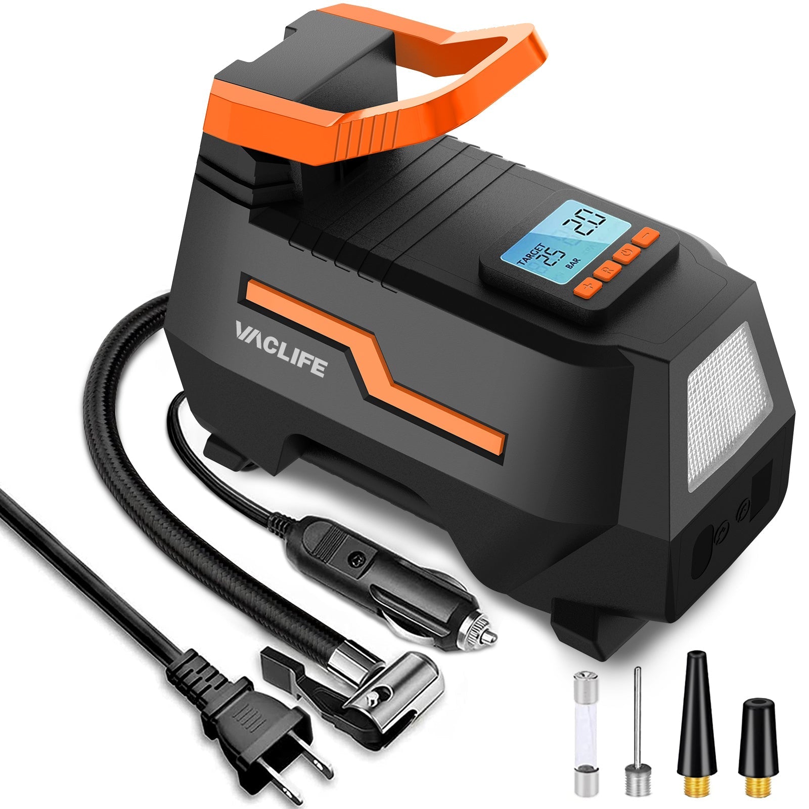Tire Inflator for Car (12V) and Home (110V), DC/AC Portable Air Compressor for Car Tires, Bicycles, and Other Inflatables, Digital Air Pump with LED Light, Variety of Colors