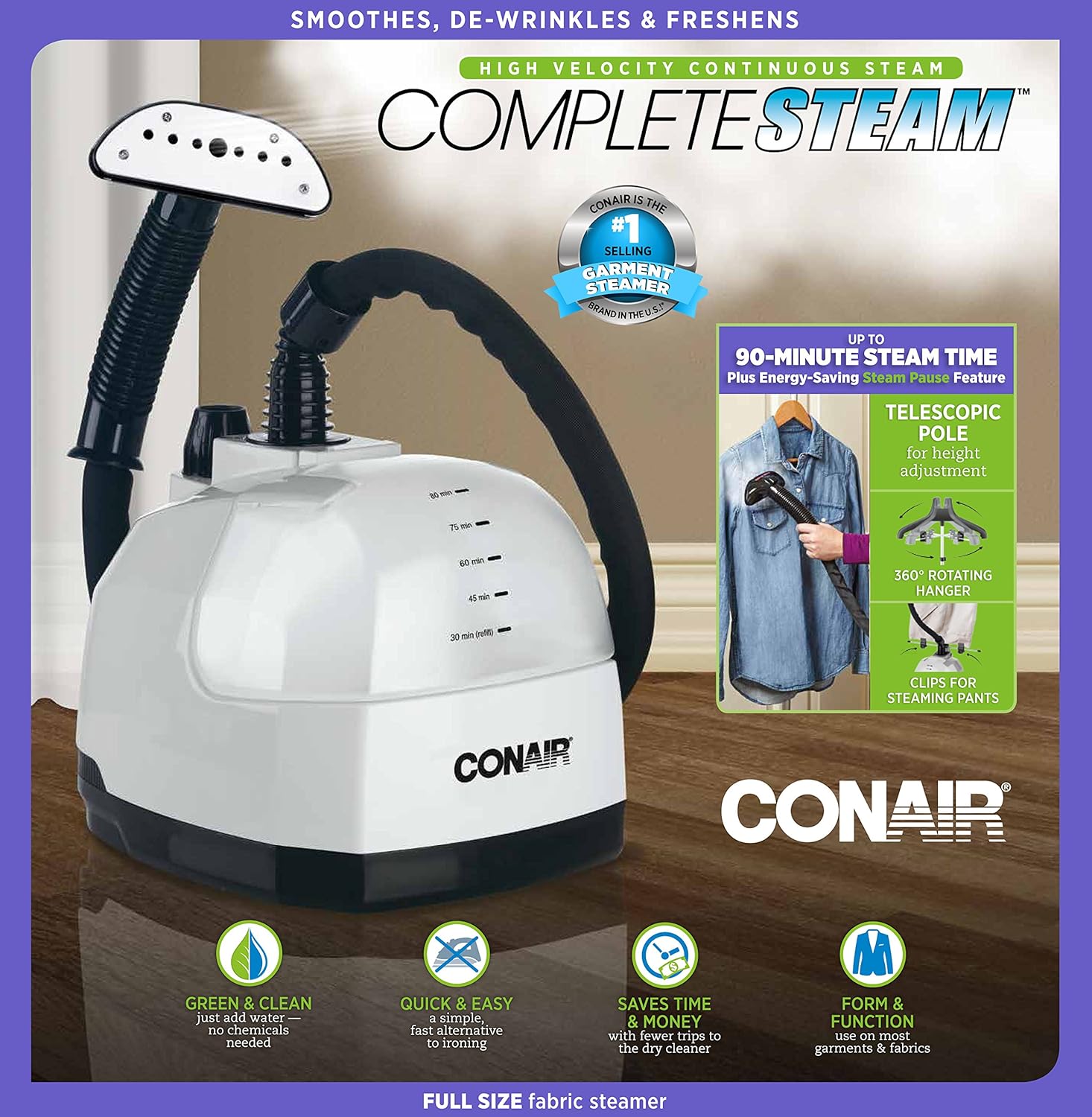 Conair Full Size Garment Steamer for Clothes, Complete Steam 1500W, Blue