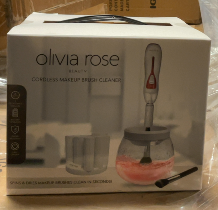 Olivia Rose Electric Makeup Brush Cleaner Spinner, Deep Cosmetic Makeup Brushes Cleaner with 8 Size Rubber Collars White/Rose Gold