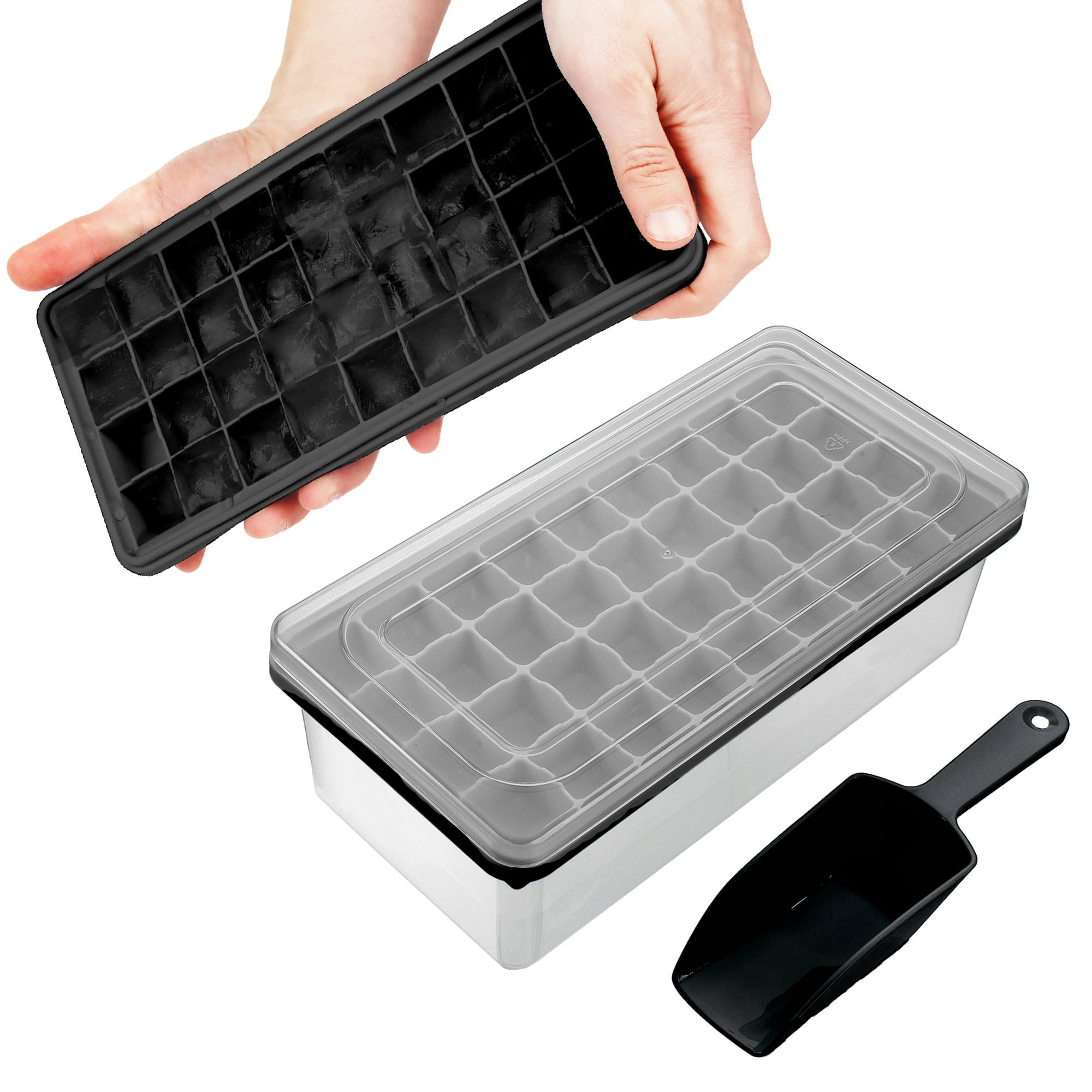 Ice Cube Tray with Lid and Container - 36 or 55 Mini Ice Cube Tray Mold for Freezer, Black