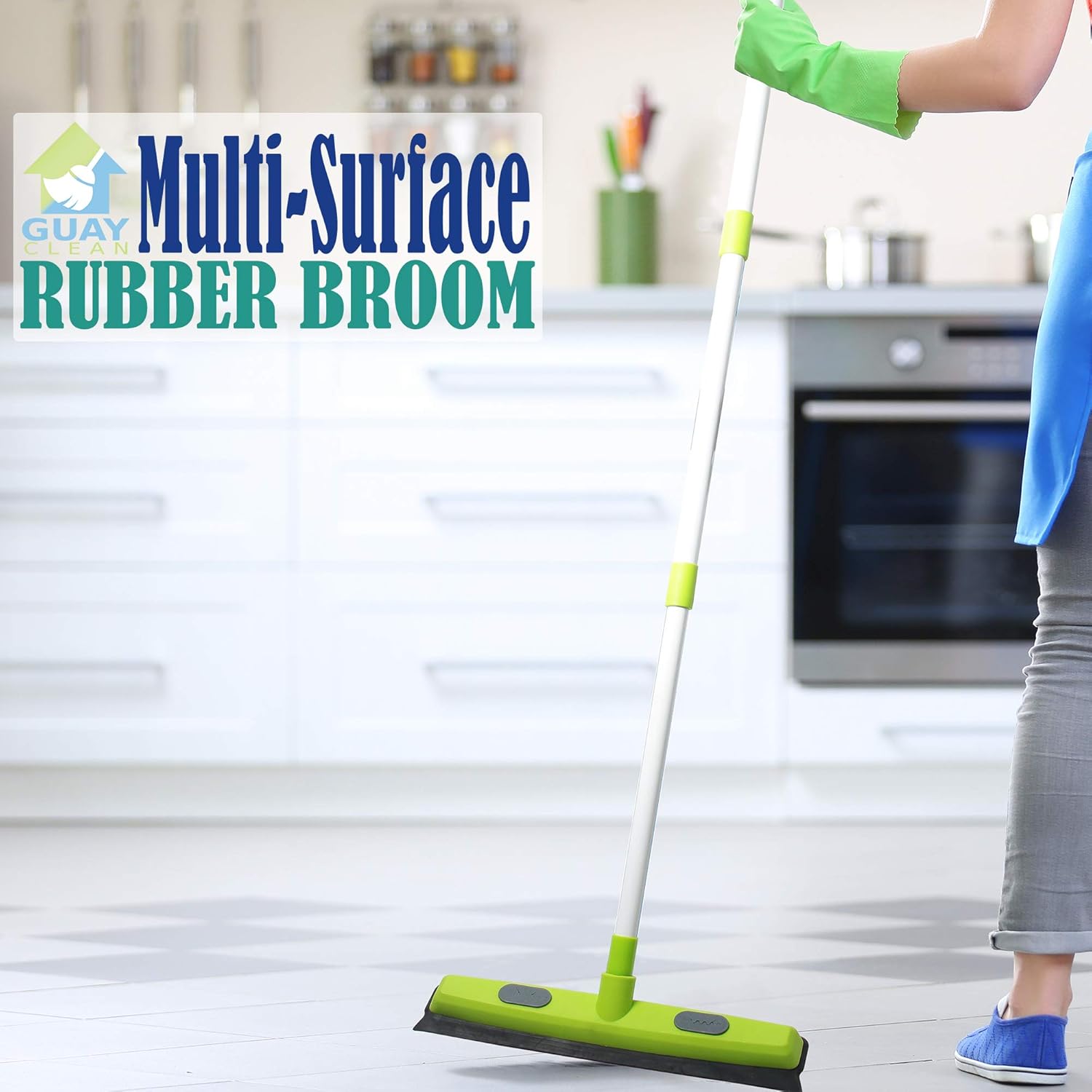 Rubber Push Broom Pet Hair Fur Removal Soft Bristle Sweeper for Carpet and Floor, Squeegee and Grommet for Pads and Towels -Telescopic Pole up to 50 Inches - Blue or Green