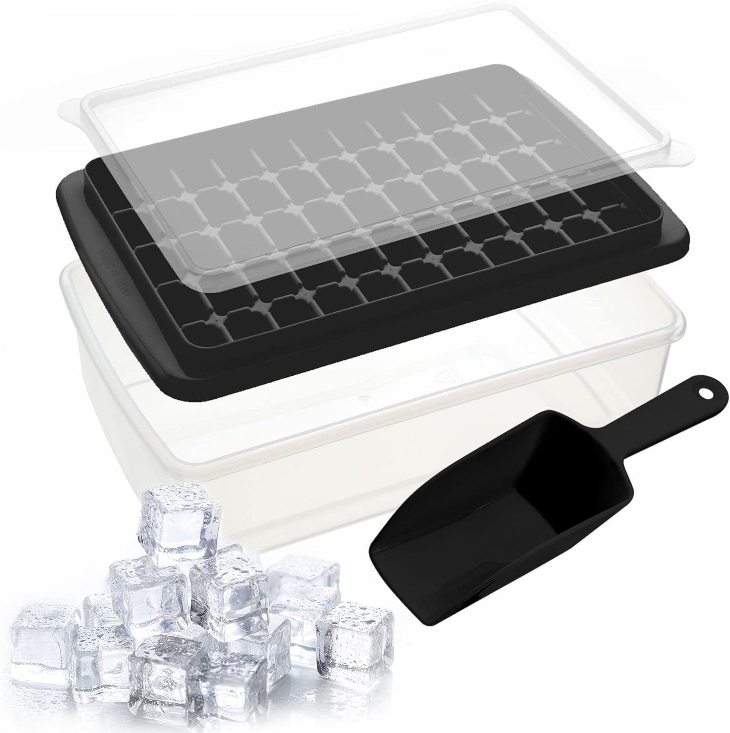 Ice Cube Tray with Lid and Container - 36 or 55 Mini Ice Cube Tray Mold for Freezer, Black