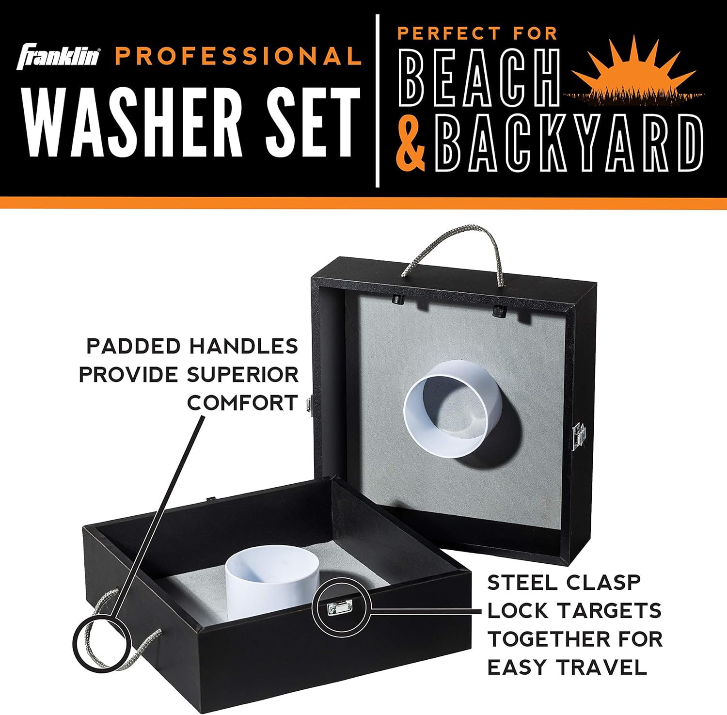 Franklin Sports Washer Toss Set  Includes 2 Tournament Size Washer Toss Targets and 6 Steel Washers  Easy Carry Handles and Metal Hatch Fiberboard