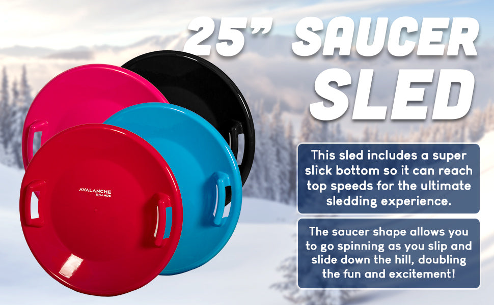 25" Downhill Saucer Snow Sleds | Durable Handles & Safe for All Ages, Color Options: Black, Red, Pink, or Ice Blue