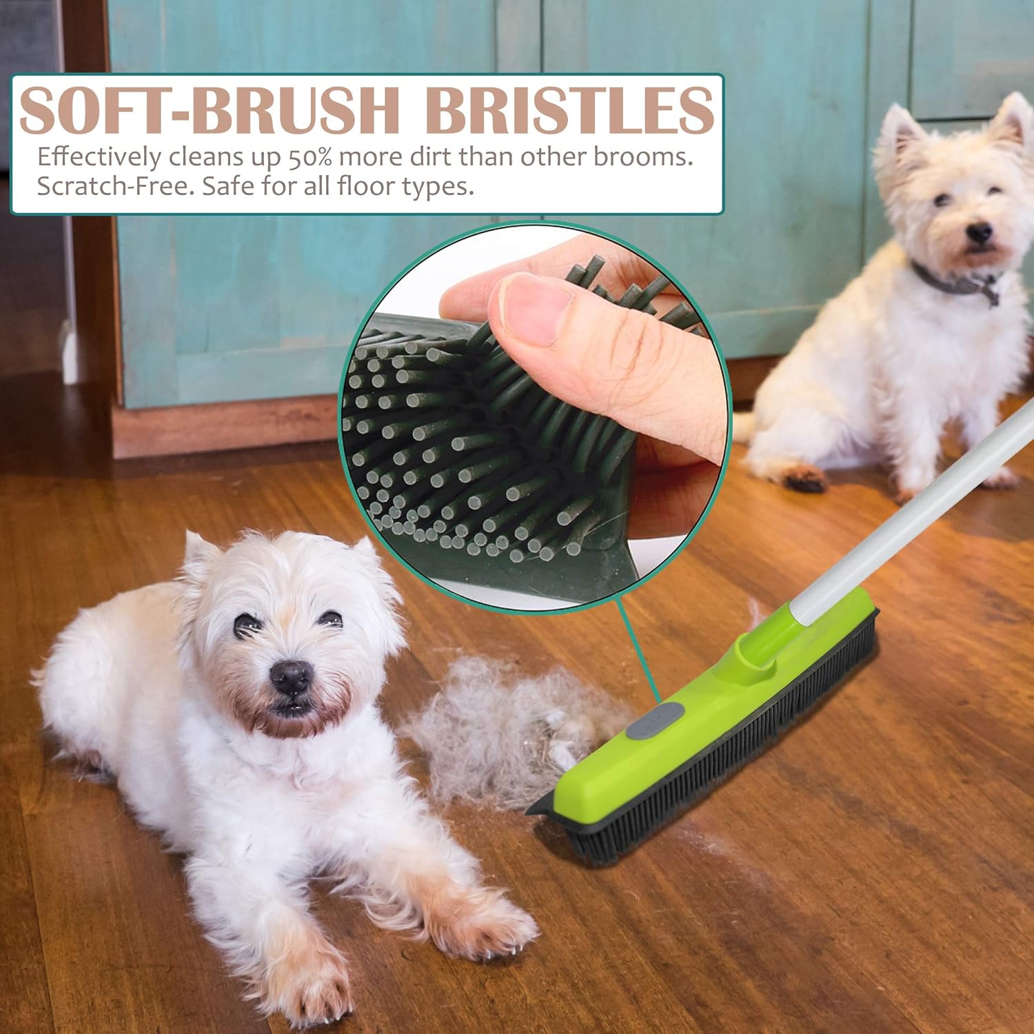 Rubber Push Broom Pet Hair Fur Removal Soft Bristle Sweeper for Carpet and Floor, Squeegee and Grommet for Pads and Towels -Telescopic Pole up to 50 Inches - Blue or Green