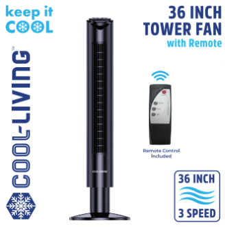 36" 3-Speed Oscillating Tower Fan w/ Remote (Carry Handle Box)