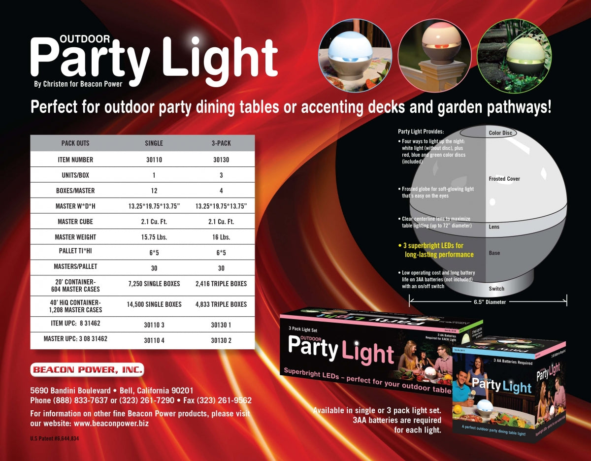 Outdoor Party Light, Portable Lighting for Outdoor Dining or for Accenting Decks and Garden Paths, Available in Single or Triple Packs.