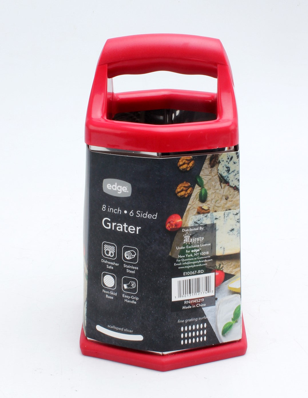 8" Stainless Steel 6 Sided Grater with Silicone Non Skid Base and TPR Handles, Red