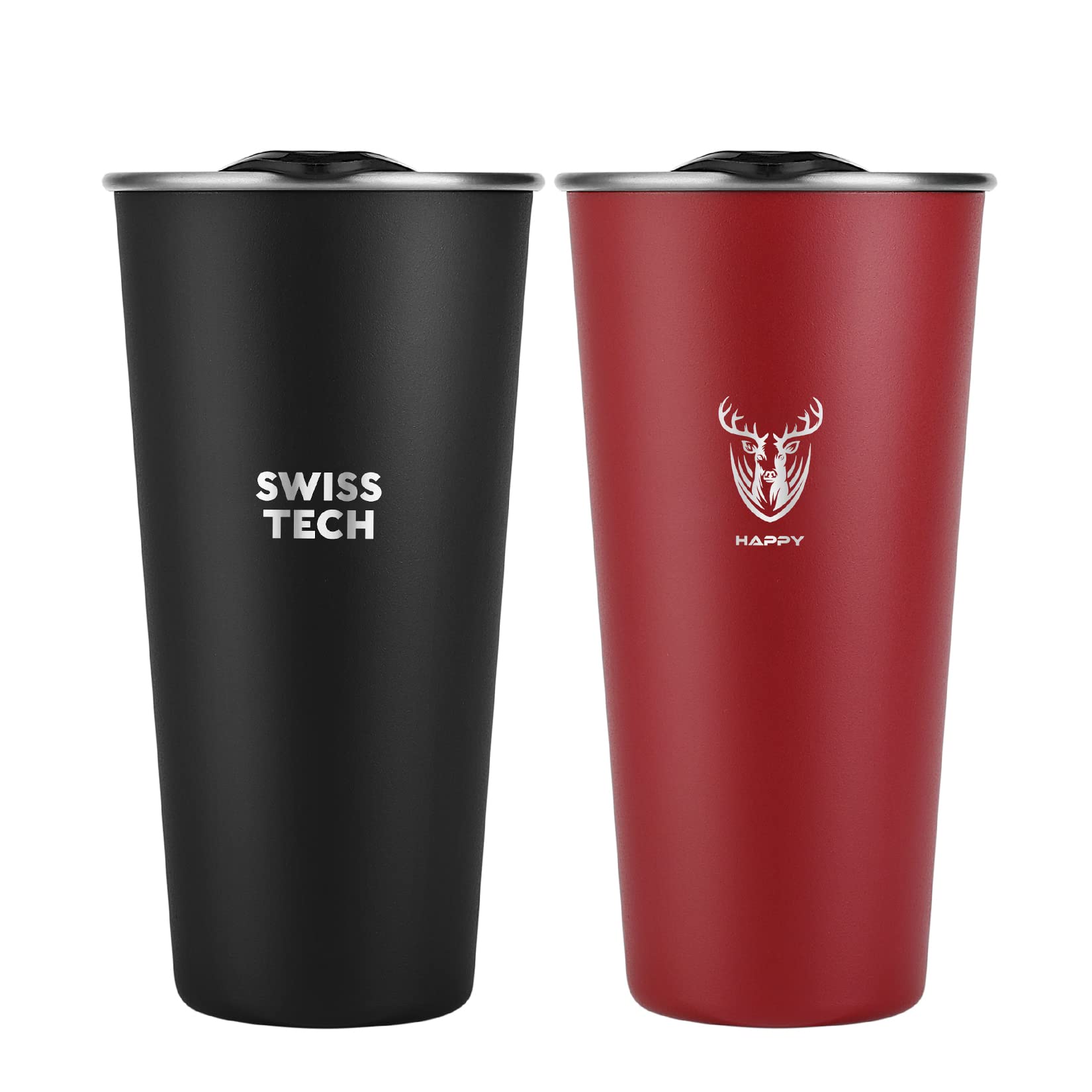 Swiss+Tech 16oz Stainless Steel Cups with lids, 2 Pack Double Wall Pint Cups, Insulated Tumbler with Lid, Unbreakable Durable Cups, Color Options:  Red & Black, Turquoise & Black, and Red & White
