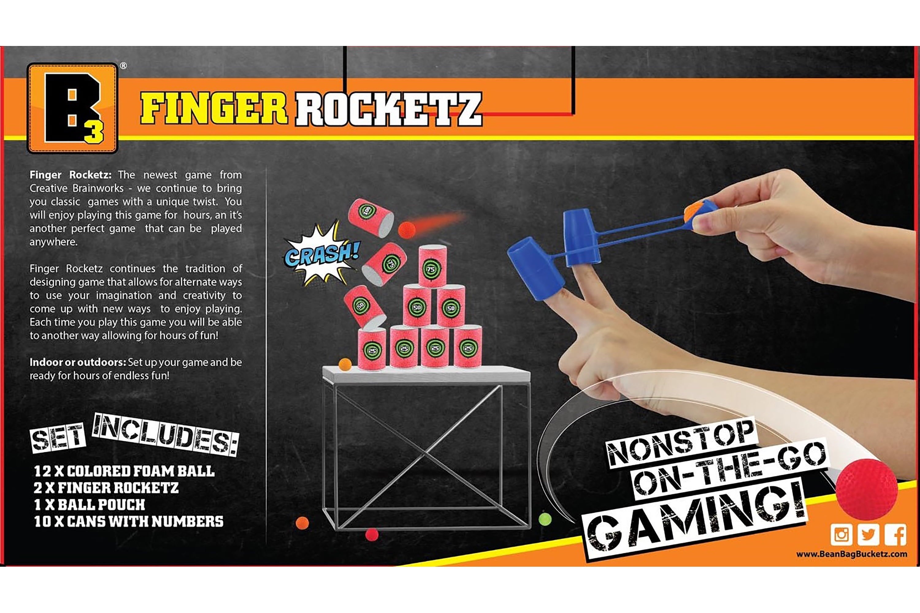 Finger Rocketz, Non Stop on The go Fun Game, Launching Competition Game Includes 2 Finger Creative Brainworks Sling rocketz, 12 Foam Balls, 10 Foam cans for Targets, 1 Carry Pouch