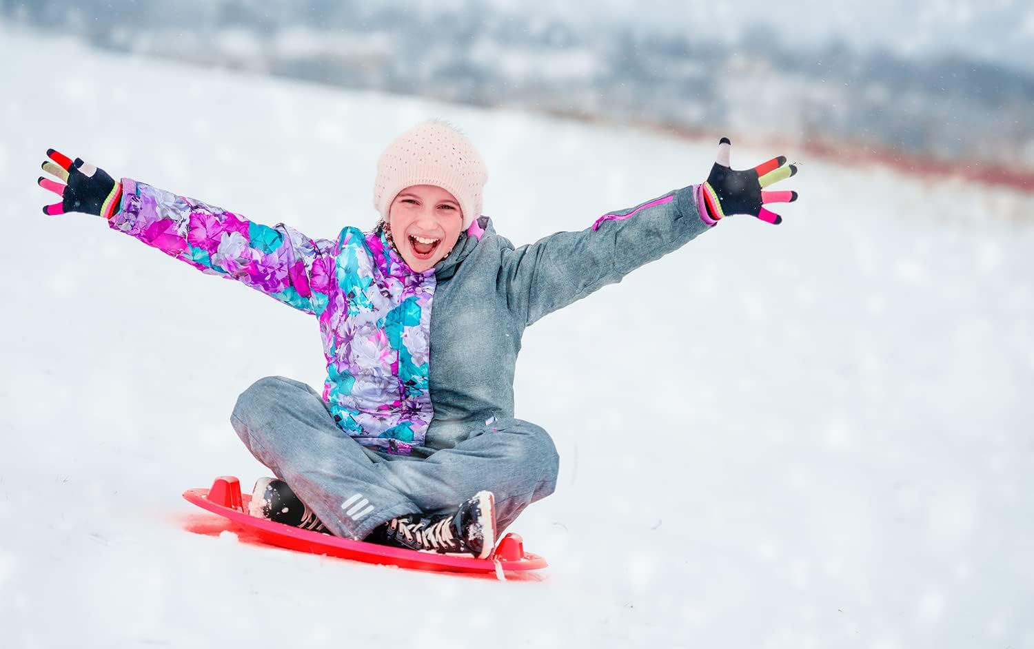 25" Downhill Saucer Snow Sleds | Durable Handles & Safe for All Ages, Color Options: Black, Red, Pink, or Ice Blue