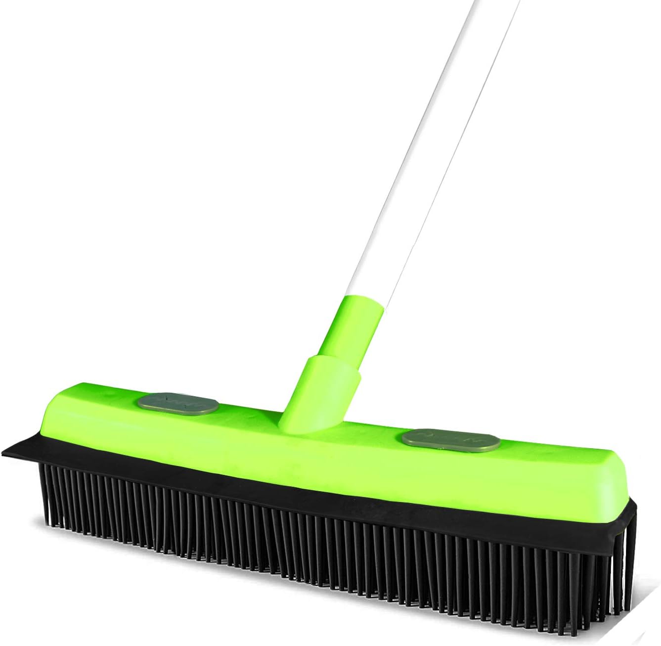 Rubber Push Broom Pet Hair Fur Removal Soft Bristle Sweeper for Carpet and Floor, Squeegee and Grommet for Pads and Towels -Telescopic Pole up to 50 Inches - Blue or Green