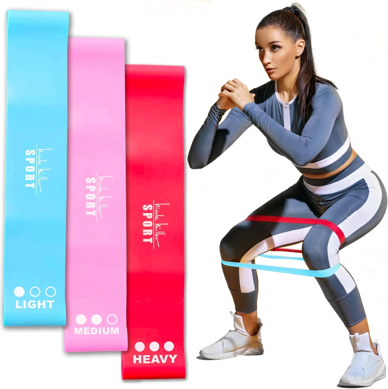 Nicole Miller Resistance Bands Set Exercise Workout Bands Loops, 3 Pack Set for Booty or Legs 3X Resistance Levels