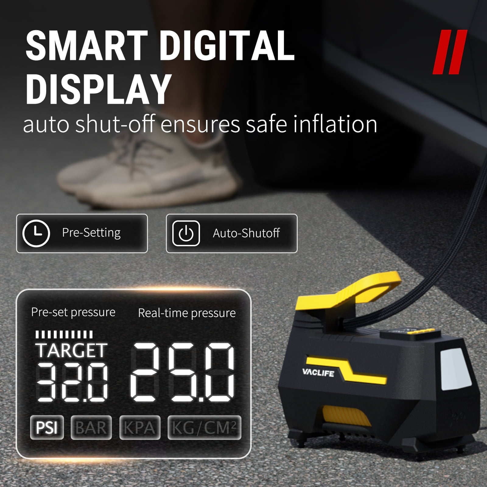 Tire Inflator for Car (12V) and Home (110V), DC/AC Portable Air Compressor for Car Tires, Bicycles, and Other Inflatables, Digital Air Pump with LED Light, Variety of Colors