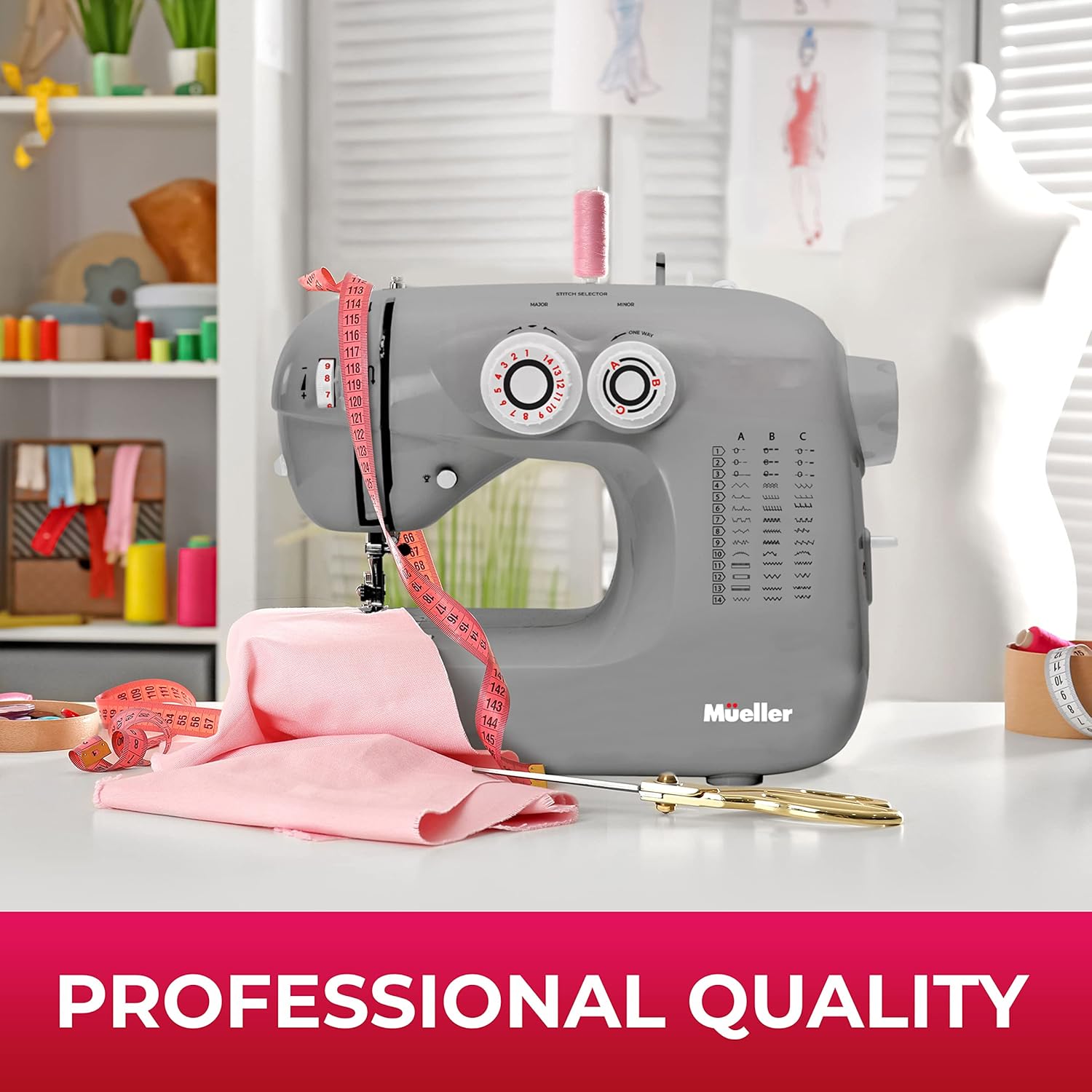 Mueller Ultra Stitch Sewing Machine, 110 Stitch Applications, LED Light, Foot Pedal, Reverse, Buttonhole, Button and Zipper Sewing, Easy to Use, Thread Cutter, Removable Accessories Storage, Grey or White