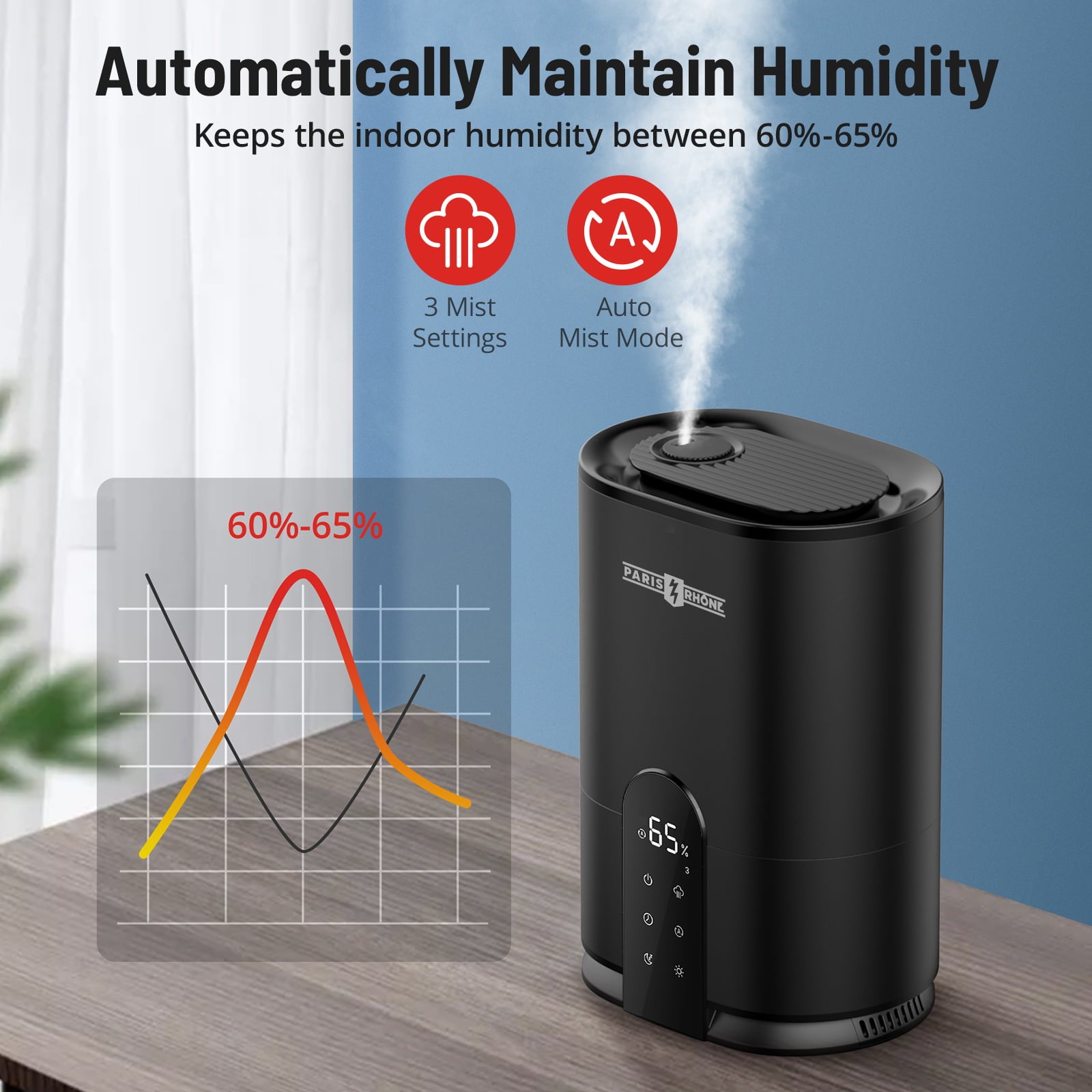 Paris Rhone Humidifiers, 4L Ultrasonic Cool Mist Humidifier with Humidistat, 30Hrs Timer, for Large Room, Bedroom, Office, Black