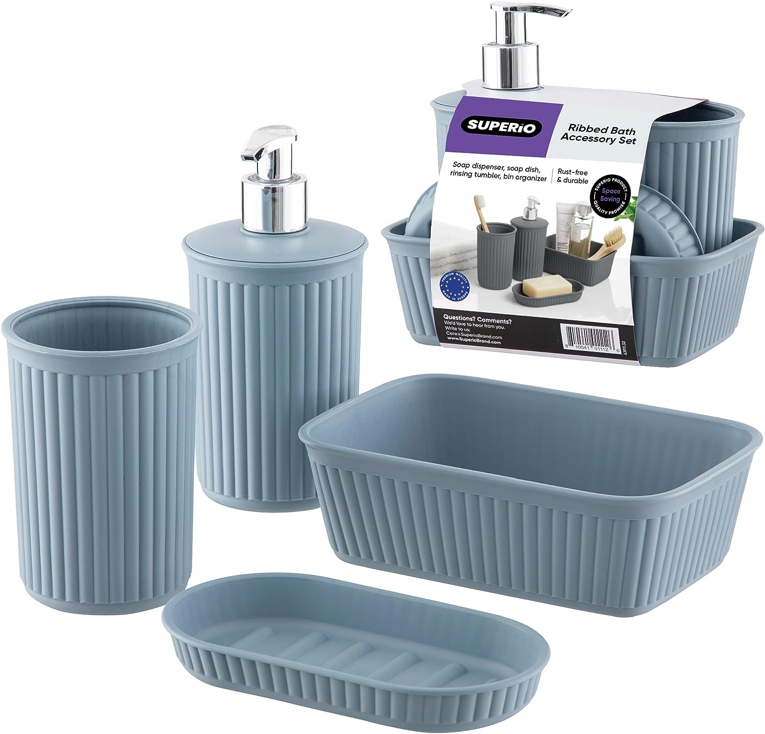 Superio Brand 4 Piece Decorative Ribbed Bathroom Accessory Set, Plastic - Color Options:  White Smoke, White, Blue, Taupe, Lilac, Brown and Grey