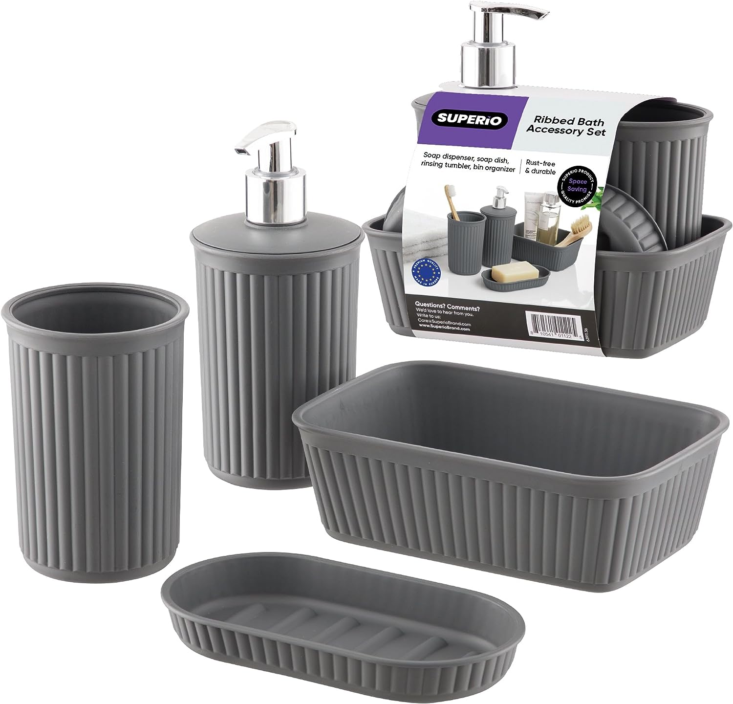 Superio Brand 4 Piece Decorative Ribbed Bathroom Accessory Set, Plastic - Color Options:  White Smoke, White, Blue, Taupe, Lilac, Brown and Grey