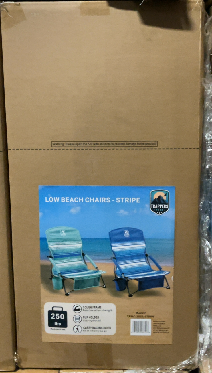 LOW BEACH CHAIRS W/ DRINK HOLDR+POCKT (STRIPES) 2 colors sold separately 3 of each color in a case