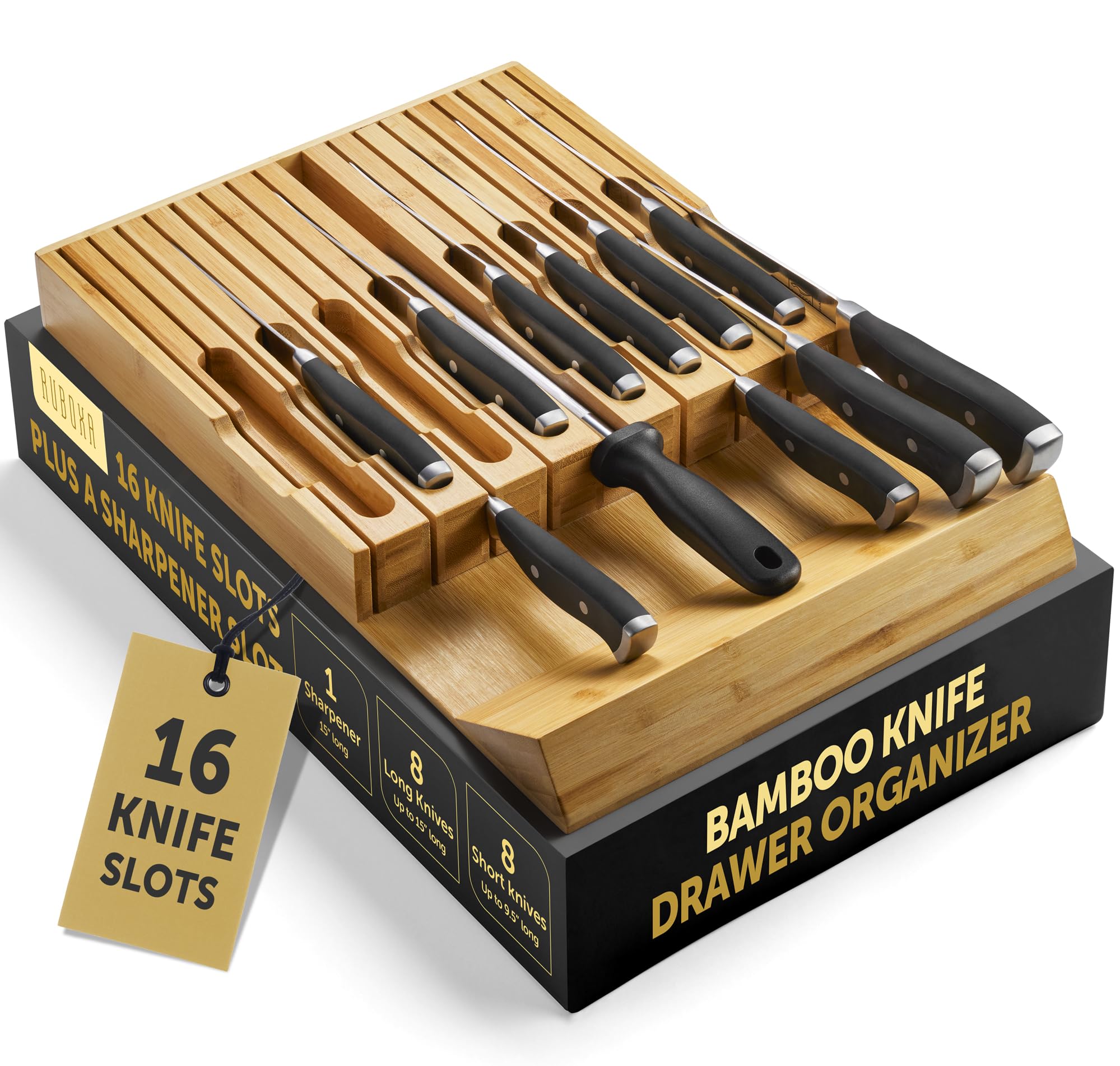 High-Grade 100% Bamboo Knife Drawer Organizer - 16 Knife Slots Plus a Sharpener Slot, Knife Organizer for Kitchen Organization, Durable, Secured, Practical, Eco-Friendly, Knife Block without Knives. 1.9"-15"-15"