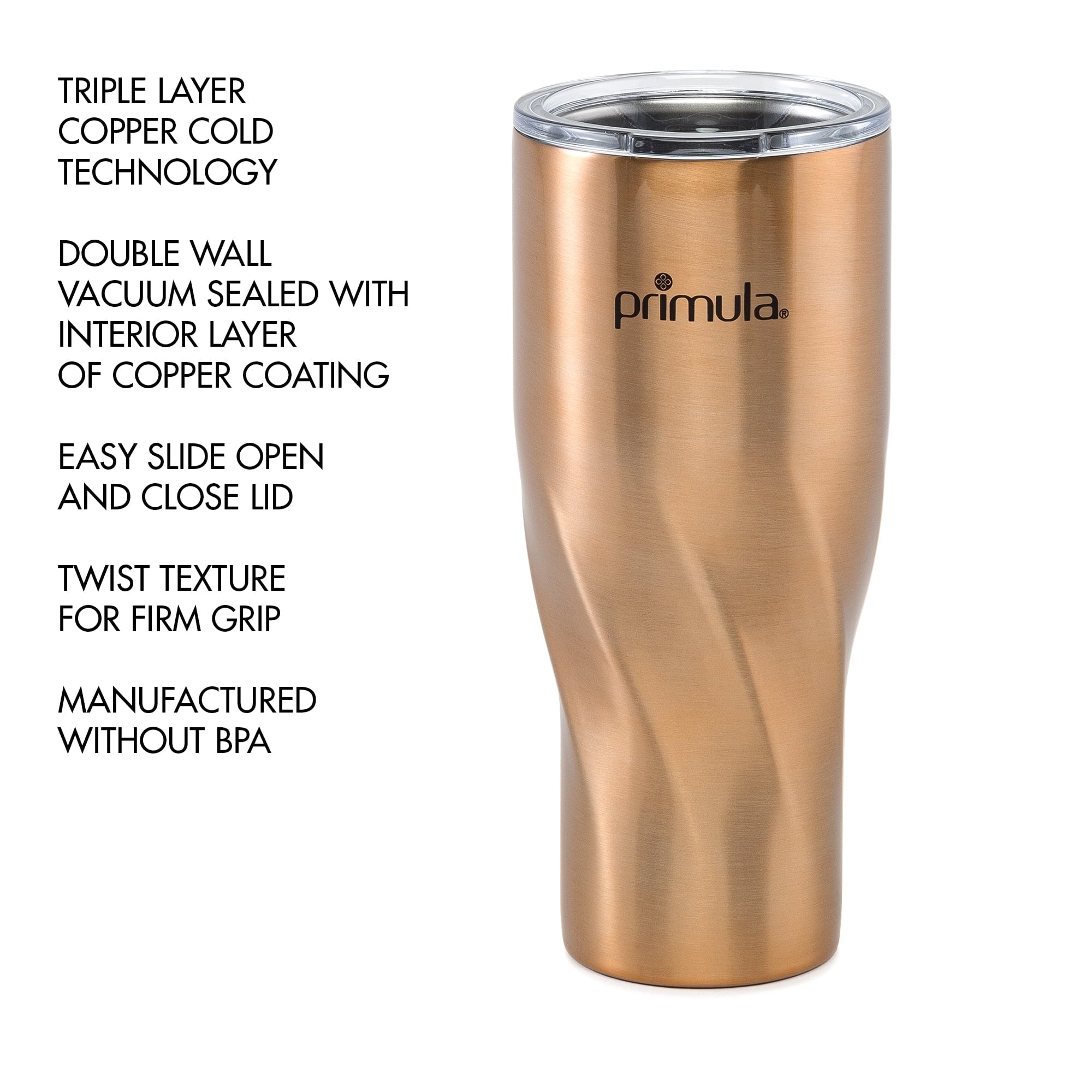 Primula Avalanche Double Walled Vacuum Sealed Stainless Steel Thermal Insulated Tumbler, Stays Cold or Hot All Day Long, Reusable Thermos, 32oz., Copper or Brushed Stainless Steel