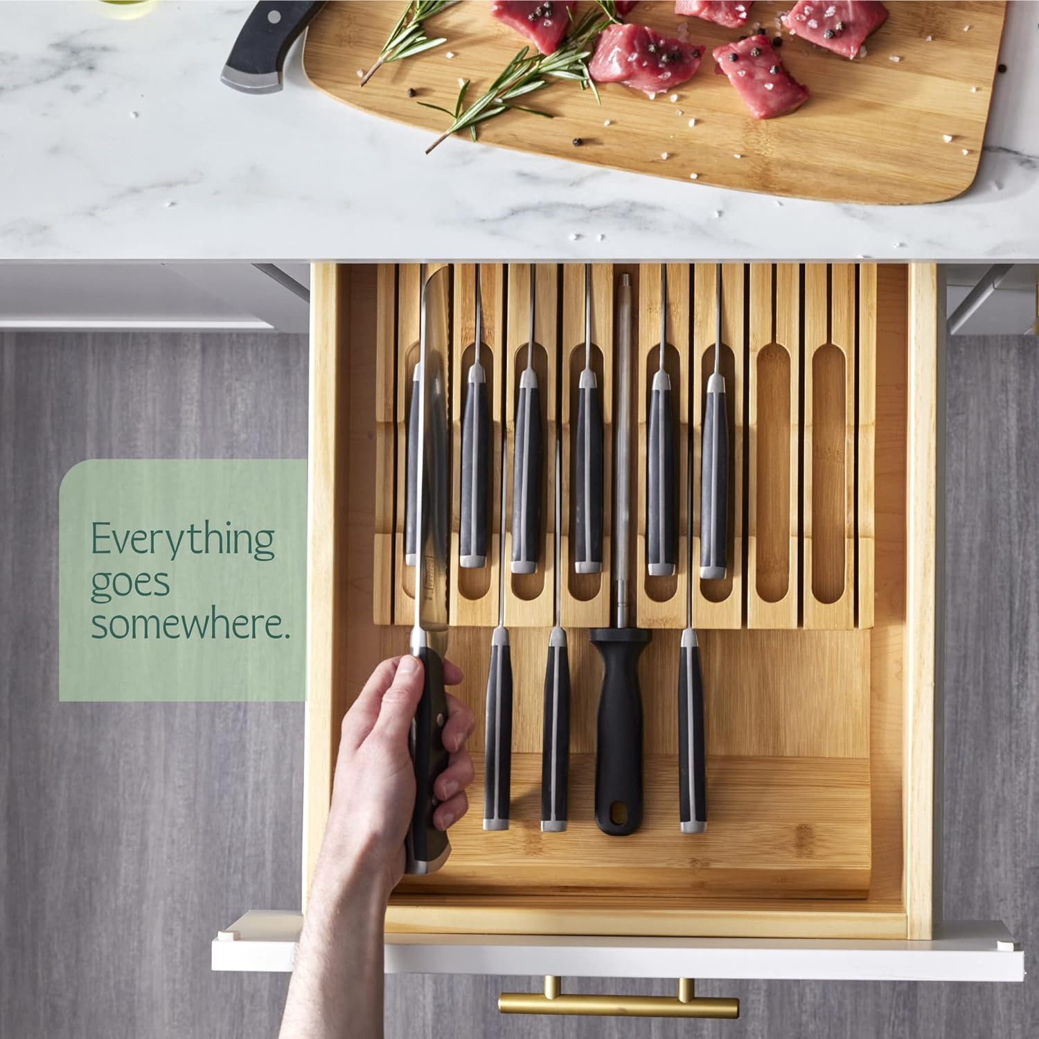 High-Grade 100% Bamboo Knife Drawer Organizer - 16 Knife Slots Plus a Sharpener Slot, Knife Organizer for Kitchen Organization, Durable, Secured, Practical, Eco-Friendly, Knife Block without Knives. 1.9"-15"-15"