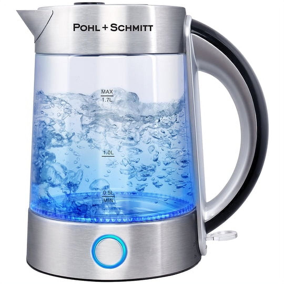 Pohl+Schmitt Pohl Schmitt 1.7L Electric Kettle with Upgraded Stainless Steel Filter, Inner Lid & Bottom, Glass Water Boiler & Tea Heater with LED, Cordless, Auto Shut-Off - Boil-Dry