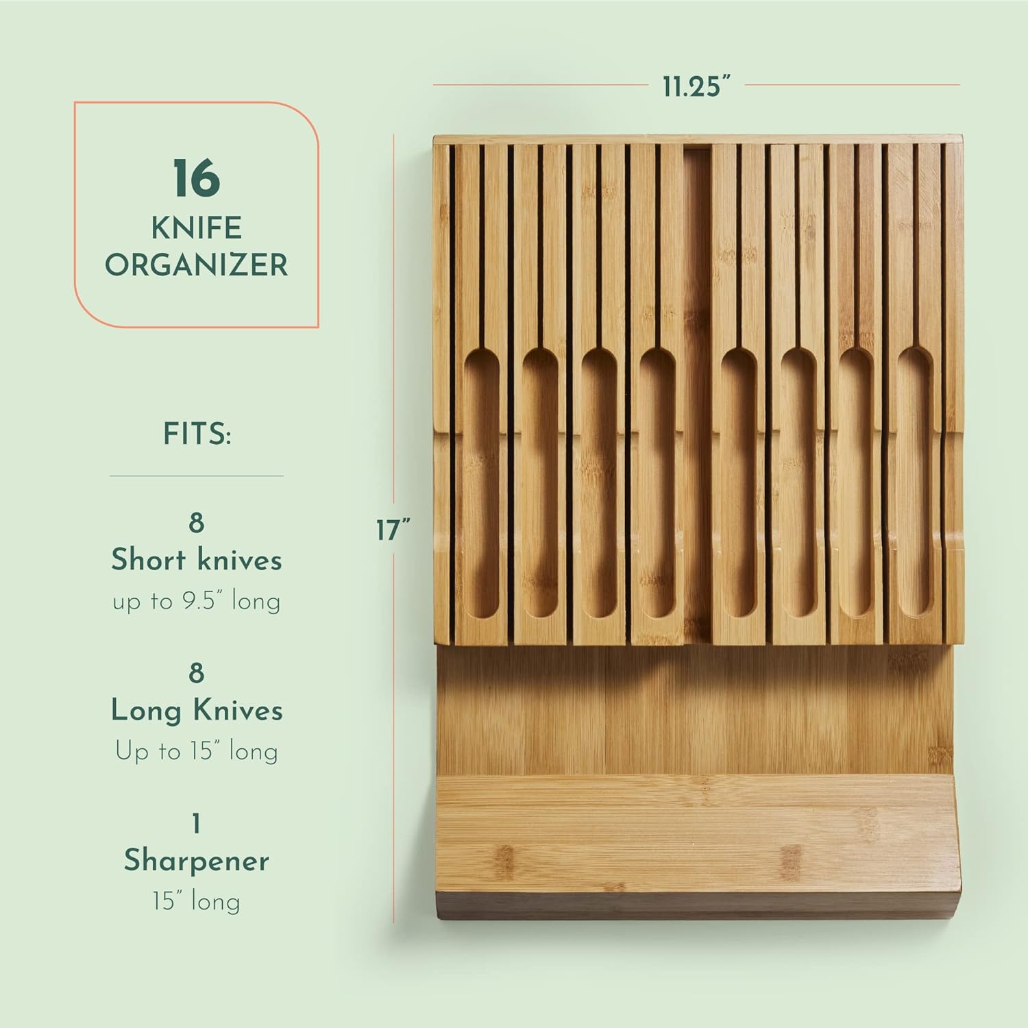 High-Grade 100% Bamboo Knife Drawer Organizer - 16 Knife Slots Plus a Sharpener Slot, Knife Organizer for Kitchen Organization, Durable, Secured, Practical, Eco-Friendly, Knife Block without Knives. 1.9"-15"-15"