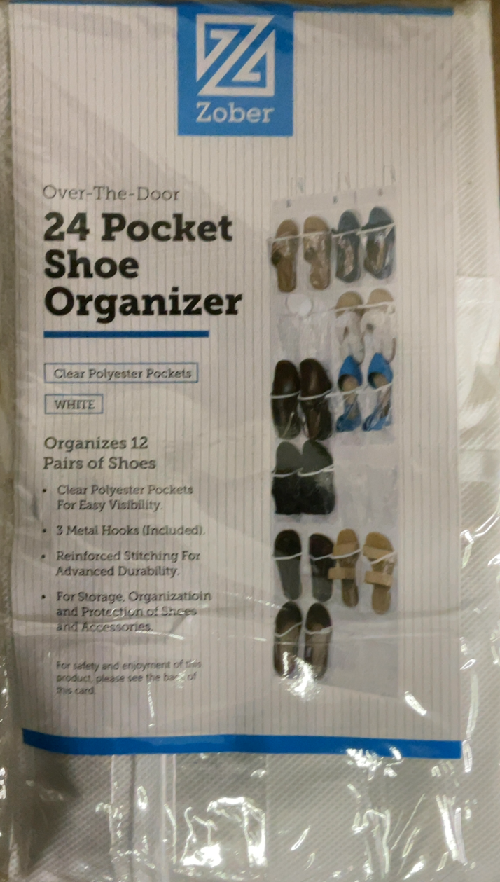 ZOBER Over The Door Shoe Organizer - 24 Breathable Pockets - Pantry Organizer, Laundry Room, Toy Storage Organizer - Chrome Hooks, Easy Set Up - 1 Pack White